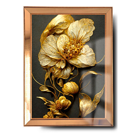 Ayna Çerçeveli Cama Baskılı 3d Çiçek Cam Gold Siyah Detaylı Tablo 70*100
