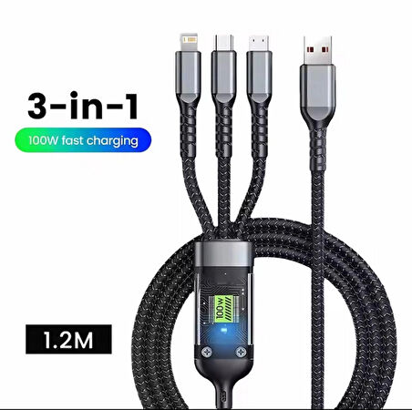 Işıklı 3 in1 Lightning-Micro-Type-C 100W Hızlı Şarj Kablosu 3A 1.2m Siyah