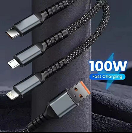 Işıklı 3 in1 Lightning-Micro-Type-C 100W Hızlı Şarj Kablosu 3A 1.2m Siyah