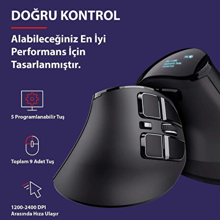 Alfalink Bluetooth+2.4Ghz Kablosuz Dikey Şarjlı Mouse Siyah 2400Dpi