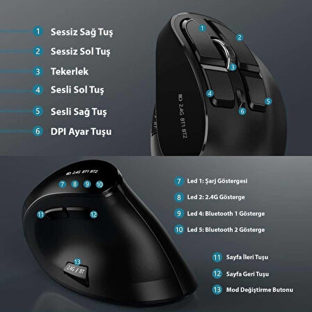 Alfalink Bluetooth+2.4Ghz Kablosuz Dikey Şarjlı Mouse Siyah 2400Dpi