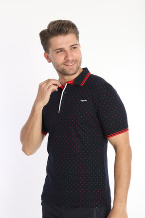 Erkek Lacivert Kırmızı Amerikan Pike Kumaş Puantiye Model Polo Yaka Kısa Kol T-Shirt - 13