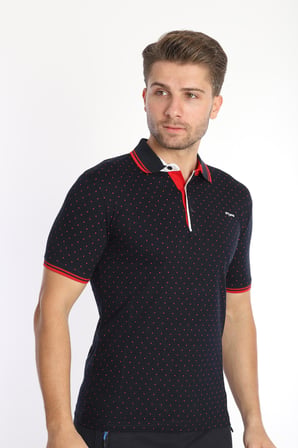 Erkek Lacivert Kırmızı Amerikan Pike Kumaş Puantiye Model Polo Yaka Kısa Kol T-Shirt - 13