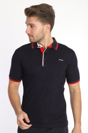 Erkek Lacivert Kırmızı Amerikan Pike Kumaş Puantiye Model Polo Yaka Kısa Kol T-Shirt - 13