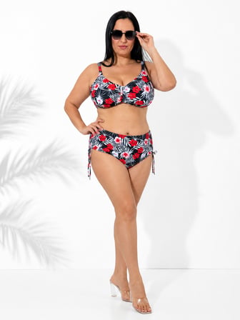 Büyük Beden Kırmızı Çiçek Desenli Tül Detaylı Kapsız Telli Yüksek Bel Kadın Bikini Takım