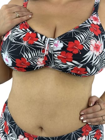 Büyük Beden Kırmızı Çiçek Desenli Tül Detaylı Kapsız Telli Yüksek Bel Kadın Bikini Takım