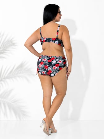 Büyük Beden Kırmızı Çiçek Desenli Tül Detaylı Kapsız Telli Yüksek Bel Kadın Bikini Takım