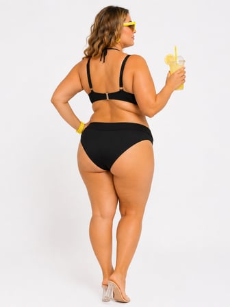 Büyük Beden Sabit Kaplı Telli Desenli Üst Bağcık Detaylı Yüksek Bel Kadın Bikini Takımı