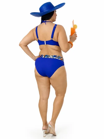 Büyük Beden Sabit Kaplı Telli Desenli Üst Bağcık Detaylı Yüksek Bel Kadın Bikini Takımı