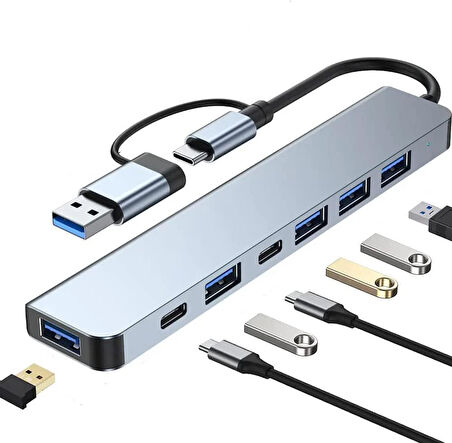 Alfalink Alüminyum 7in1 Usb Hub USB/Type-c To USB 3.0 Tak Çalıştır 100W PD Şarj MacBook Air/Pro Uyumlu