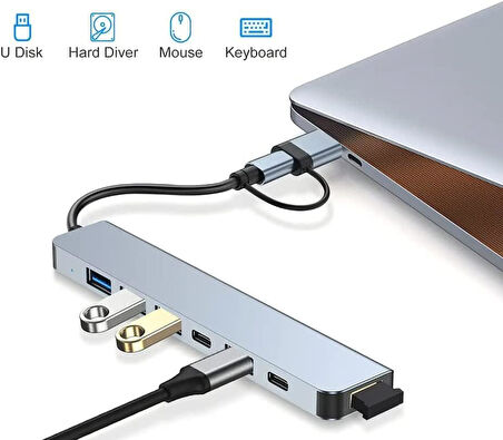 Alfalink Alüminyum 7in1 Usb Hub USB/Type-c To USB 3.0 Tak Çalıştır 100W PD Şarj MacBook Air/Pro Uyumlu