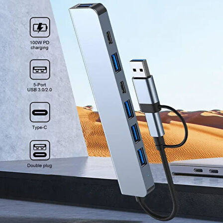 Alfalink Alüminyum 7in1 Usb Hub USB/Type-c To USB 3.0 Tak Çalıştır 100W PD Şarj MacBook Air/Pro Uyumlu