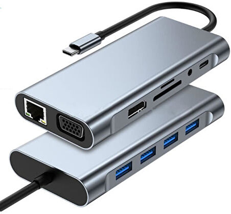 Alfalink Type-C to Usb 11in1 Çevirici Çoğaltıcı Hub Adaptör(Lan+Type-C+SD Card+USBx4+Audio+HDMI+VGA)