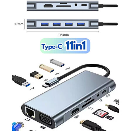 Alfalink Type-C to Usb 11in1 Çevirici Çoğaltıcı Hub Adaptör(Lan+Type-C+SD Card+USBx4+Audio+HDMI+VGA)