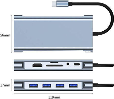 Alfalink Type-C to Usb 11in1 Çevirici Çoğaltıcı Hub Adaptör(Lan+Type-C+SD Card+USBx4+Audio+HDMI+VGA)