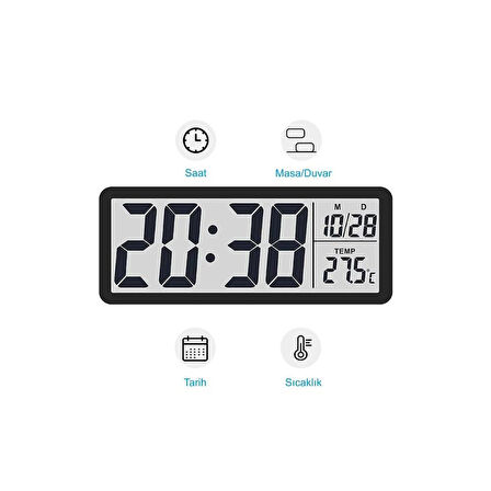 Alfalink LCD Ekran Dijital Duvar Saati USB Pilli 20x8cm Zaman Sıcaklık Tarih