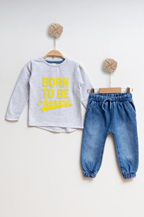 Çocuk Kot Sweatshirt Erkek Alt Üst Takım Born to be - MELANJ GRİ - 4 YAŞ