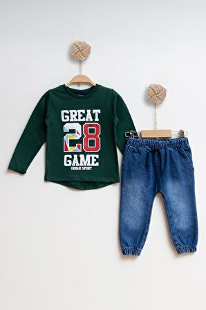 Çocuk Kot Sweatshirt Erkek Alt Üst Takım Great 28 Game - KOYU YEŞİL - 4 YAŞ