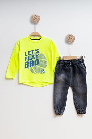 Çocuk Kot Sweatshirt Erkek Alt Üst Takım Lets Play Bro - FOSFOR YEŞİLİ - 4 YAŞ