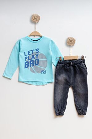 Çocuk Kot Sweatshirt Erkek Alt Üst Takım Lets Play Bro Turkuaz - TURKUAZ - 4 YAŞ