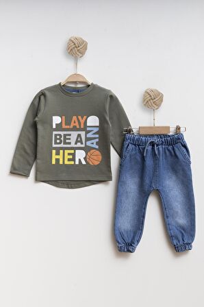 Çocuk Kot Sweatshirt Erkek Alt Üst Takım Play be and Hero - HAKİ - 2 YAŞ
