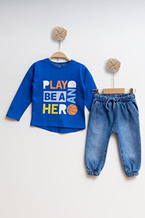 Çocuk Kot Sweatshirt Erkek Alt Üst Takım Play be and Hero - MAVİ - 4 YAŞ