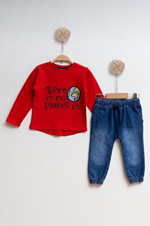Çocuk Kot Sweatshirt Erkek Alt Üst Takım There is no Planet B - KIRMIZI - 5 YAŞ