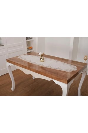 Nadide Lüx Güpürlü Simli Keten Kumaş Krem Salon Takımı 5 Parça 40X160 Cm 1367