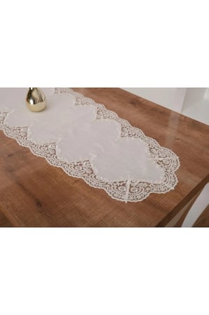 Nadide Lüx Güpürlü Simli Keten Kumaş Krem Salon Takımı 5 Parça 40X160 Cm 1367