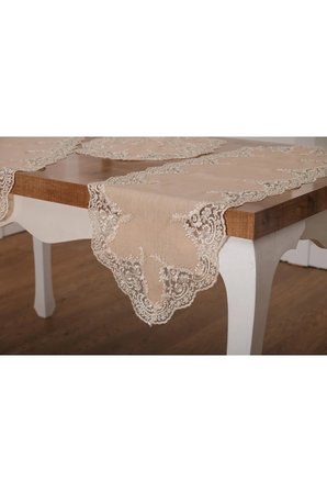 Nadide Lüx Güpürlü Simli Keten Kumaş Bej Salon Takımı 5 Parça  40X160 Cm 1365