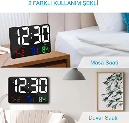 Alfalink Dijital Duvar Saati Renkli Uzaktan Kumandalı Hd LED Ekran Tarih Gün Sıcaklık Alarm USB Dekoratif