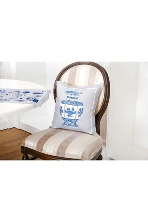 Vista Baskılı Kumaş Kreme Mavi Runner Kırlent Seti 3 Parça 45X45 Cm 1372