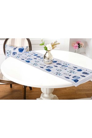 Vista Baskılı Kumaş Kreme Mavi Runner Kırlent Seti 3 Parça 45X45 Cm 1372