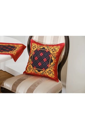 Belize Baskılı Kumaş Kırmızıya Siyah Runner Kırlent Seti 3 Parça 135X100 Cm 1373