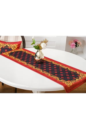 Belize Baskılı Kumaş Kırmızıya Siyah Runner Kırlent Seti 3 Parça 135X100 Cm 1373