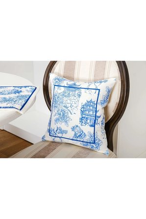 Festival Baskılı Kumaş Kreme Mavi Runner Kırlent Seti 3 Parça 135X50 Cm 1374