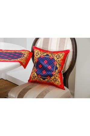 Belize Baskılı Saten Kumaş Kırmızı Siyah Runner Kırlent Set 3 Prç. 135X50 Cm 1378