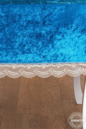 Pera Lüx Dantelli Kadife Kumaş Turkuaz Masa Örtüsü 160x220 Cm 1421