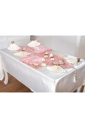 Afife Kadife Pudra Krem Sofra Takımı 8 Kişilik 160x230 Cm 34 Parça  1428