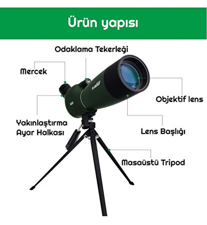 Alfalink SVBONY 75X Zoom Teleskop Monoküler Su Geçirmez Gözlem Dürbünü 20-60X80mm HD Zoom