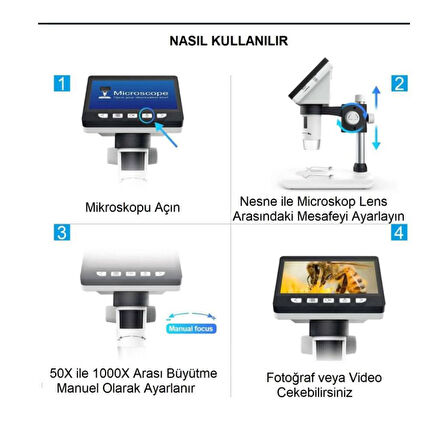 Alfalink LCD Dijital Ekranlı Mikroskop 50x -1000x Büyütme Usb HD 1080P 4.3inç