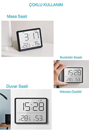 Alfalink Mıknatıslı LCD HD Dijital Ekran Pilli Mini Saat Alarm Nem Göstergesi Sıcaklık Ölçer 