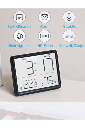 Alfalink Mıknatıslı LCD HD Dijital Ekran Pilli Mini Saat Alarm Nem Göstergesi Sıcaklık Ölçer 