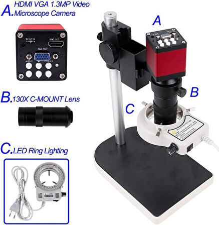 Alfalink Endüstriyel Mikroskop Kamera HDMI Usb 130XC Montaj Lensi Led Işık 13MP Hd 60F/S Tamir Mikroskop Seti