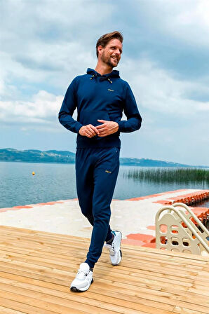 Erkek Iki Iplik Kumaş Sweatshirt Kapüşonlu Açık Lacivert Bel Lastikli Eşofman Takımı - 7720