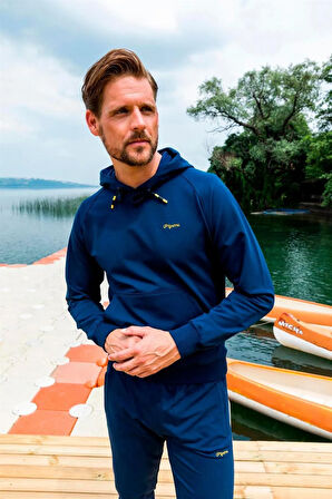 Erkek Iki Iplik Kumaş Sweatshirt Kapüşonlu Açık Lacivert Bel Lastikli Eşofman Takımı - 7720