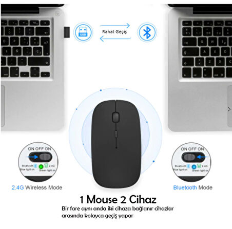 Alfalink AL-BT15 Bluetooth & Wireless Şarjlı Sessiz Tuşlu Kablosuz Mouse Siyah