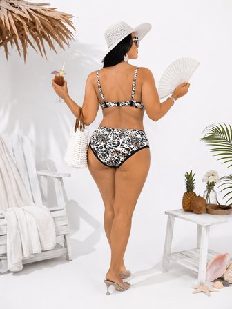 Büyük Beden Sabit Pedli Luplu Leopar Desenli Toparlayıcı Yüksek Bel Kadın Bikini Takım
