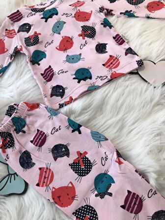 Kedi Baskılı Uzun kollu Kız Pijama Takımı 1054