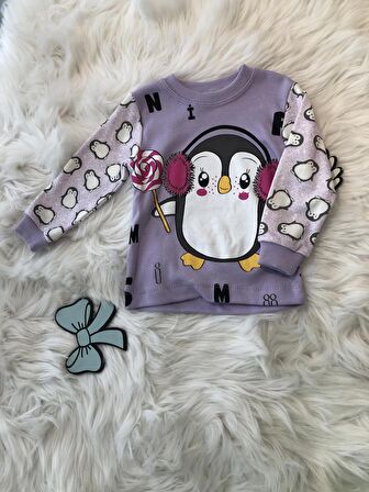 Mutlu Penguen Baskılı Kız Pijama Takımı 1495